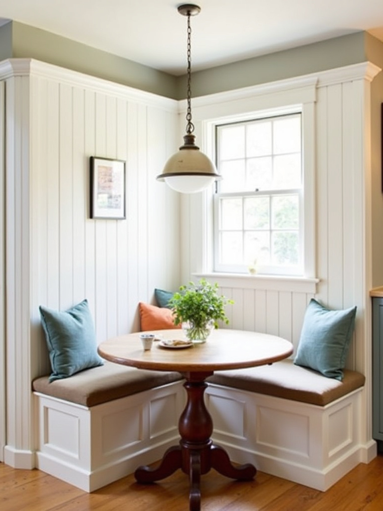 Cozy farmhouse kitchen corner featuring a white painted wood built-in banquette with an upholstered seat cushion, a round wooden dining table, and a pendant light above, bathed in soft warm daylight.