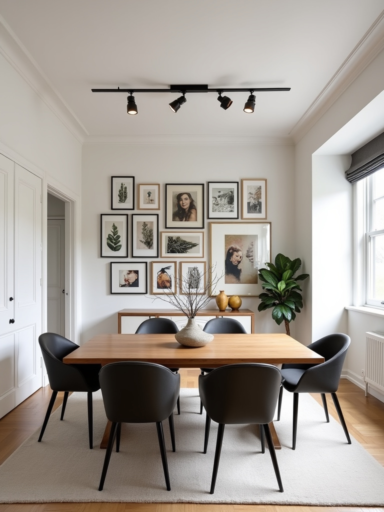 “Modern eclectic dining room with a white wall and a large gallery wall of art and mirrors.”