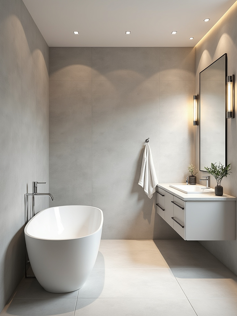 Serene bathroom interior with light gray grasscloth wallpaper, creating a calming and spa-like sanctuary.