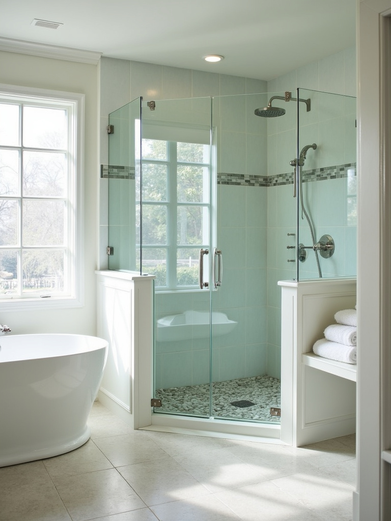 Luxury coastal bathroom walk-in shower featuring pebble tile floor and accent wall, rainfall showerhead, glass enclosure, and white bench, bathed in soft natural light.