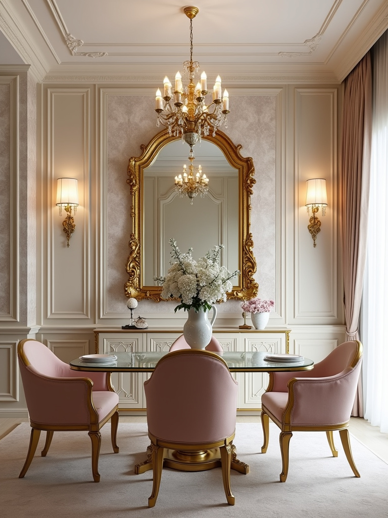 “Glamorous dining room with a large ornate gold mirror as a focal point.”