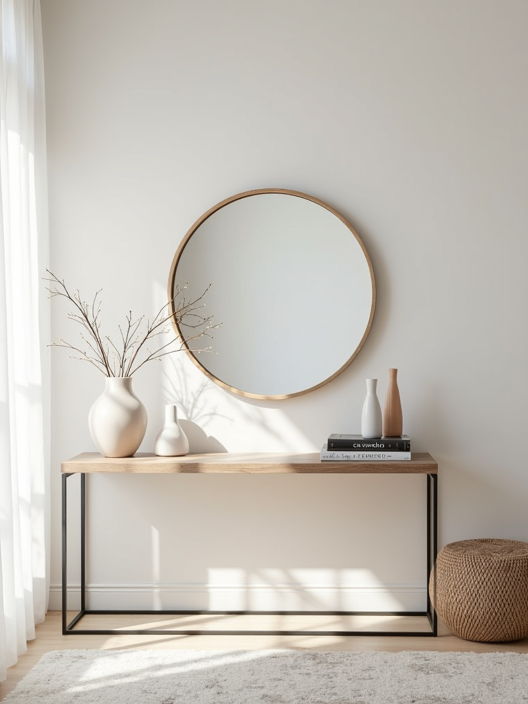 Simple living room featuring a subtle focal point created by a large round mirror above a console table, emphasizing visual depth and an elegant, balanced composition.