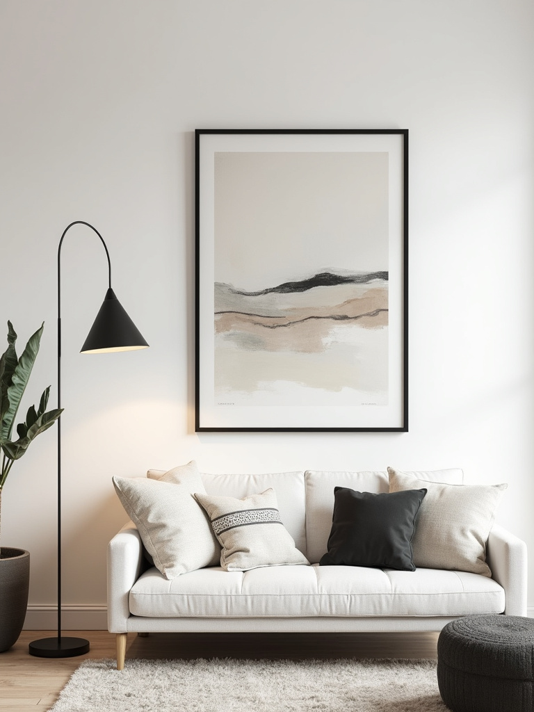 Simple living room featuring a large abstract art piece in a minimalist frame above a sofa, emphasizing curated and understated wall decor for a sophisticated look.