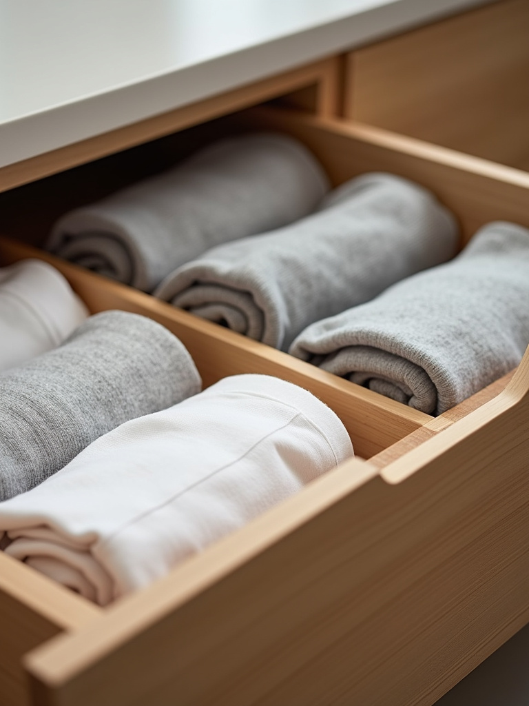 Dresser drawer organized with bamboo dividers, neatly containing folded socks and underwear.