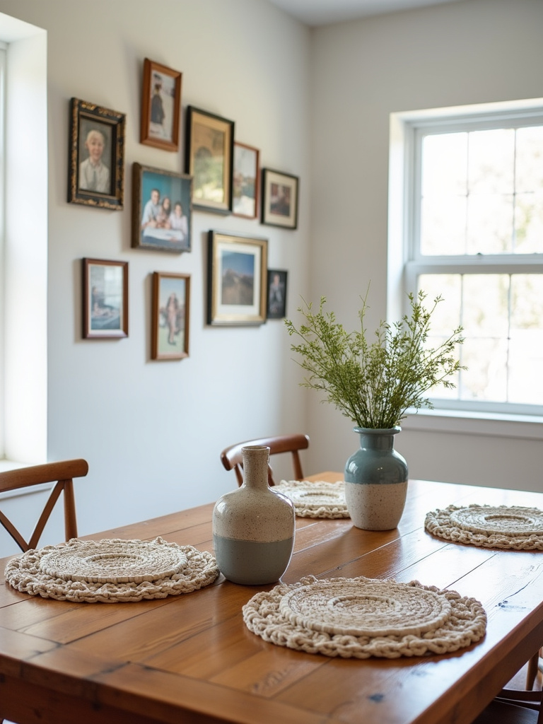 “Eclectic dining room with DIY decor accents including a gallery wall, macrame placemats, and painted vases.”