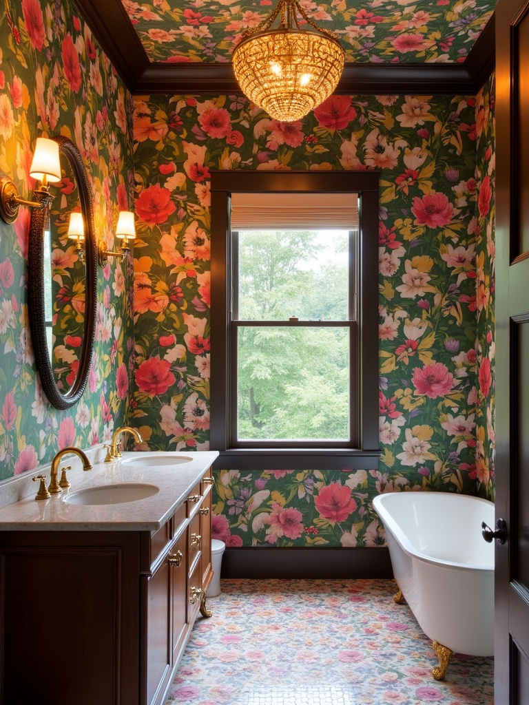 Maximalist bathroom interior with bold, colorful floral wallpaper, creating a richly decorated and expressive space.