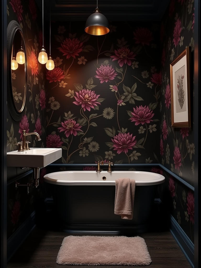 Elegant bathroom interior with dark floral wallpaper in deep jewel tones on a black background, creating a moody and sophisticated space.