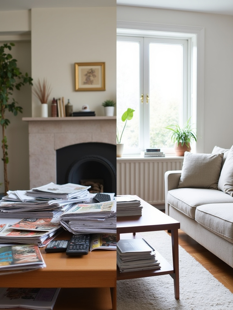 Before and after decluttering a living room, showing the transformation from a cluttered space to a clean and organized simple living room.