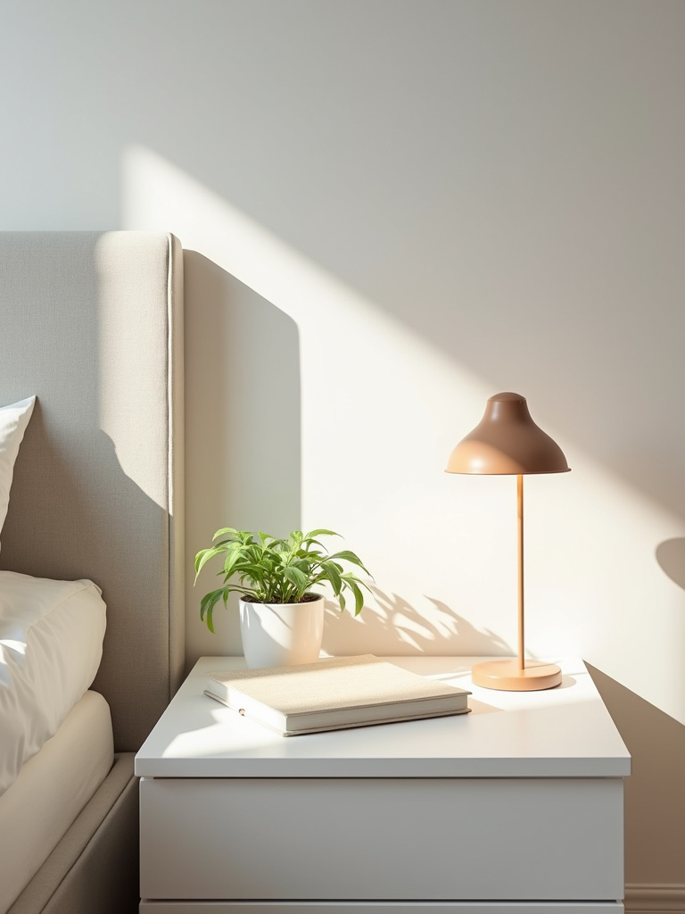 A decluttered minimalist nightstand with a lamp, book, and small plant, showcasing a serene and organized surface.