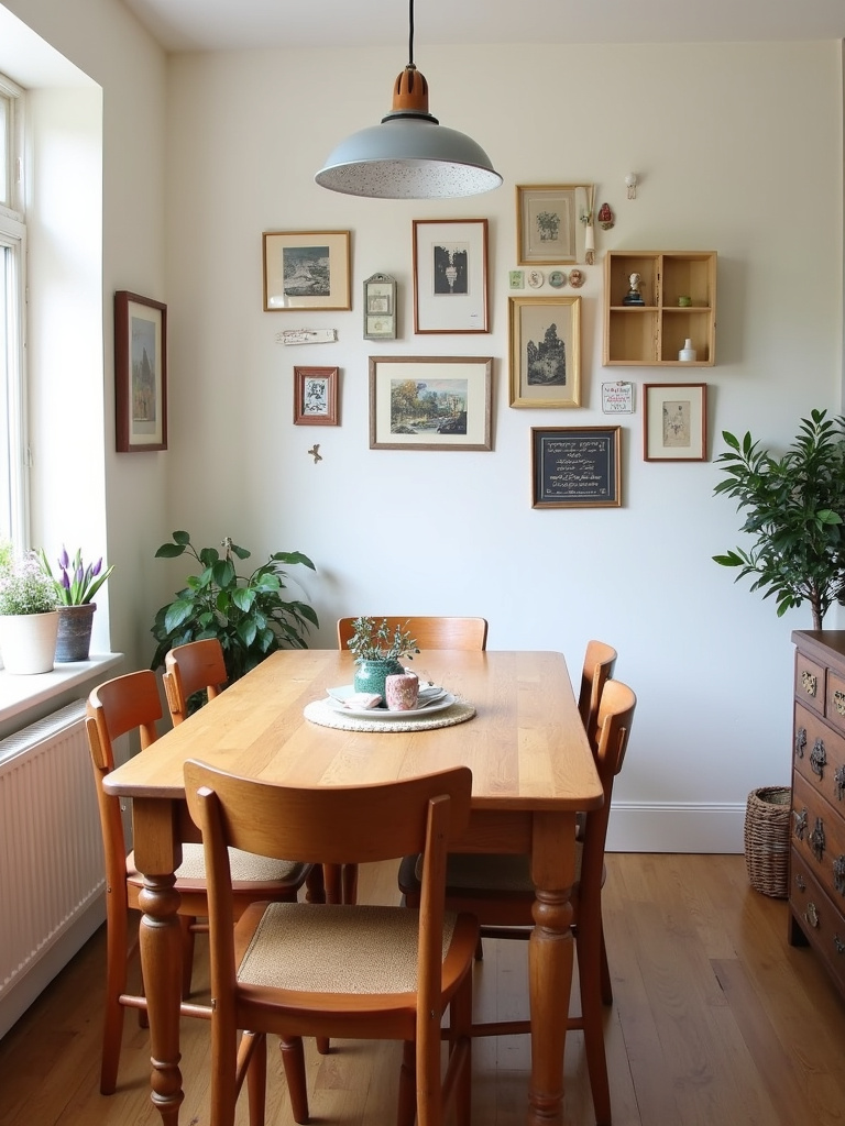 “Eclectic budget-friendly dining room with thrifted furniture and DIY decor.”