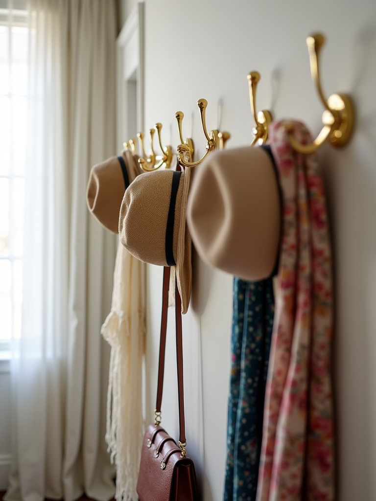 Decorative gold wall hooks displaying hats, handbags, and scarves on a bedroom wall.