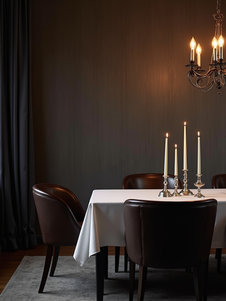 Moody dining room with dark gray textured wallpaper, dark wood furniture, and warm candlelight.
