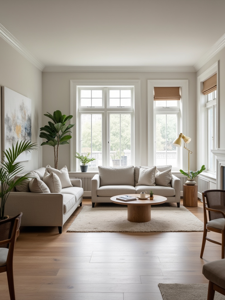 Simple living room zoned into different areas using furniture placement, including a seating area, reading nook, and workspace, emphasizing organized and functional design within a larger space.