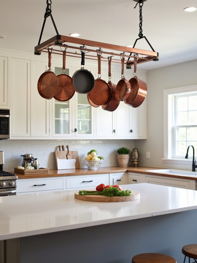 Modern farmhouse kitchen detail showcasing a stylish copper pot rack hanging above a kitchen island, displaying copper pots and pans, complemented by white shaker cabinets and wooden countertops, illuminated by focused task lighting.