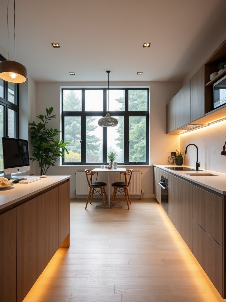 Contemporary multi-functional kitchen designed for living and working, incorporating a workspace area.