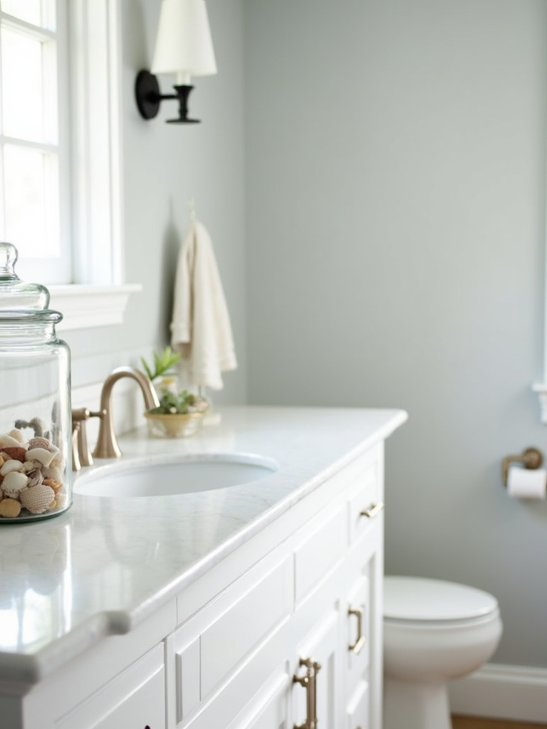 Softly lit coastal bathroom vanity countertop displaying a clear glass jar filled with seashells, against a backdrop of white subway tile and light gray walls, bathed in soft morning light.