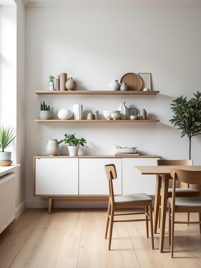 “Scandinavian dining room with open shelves displaying tableware and decorative items.”