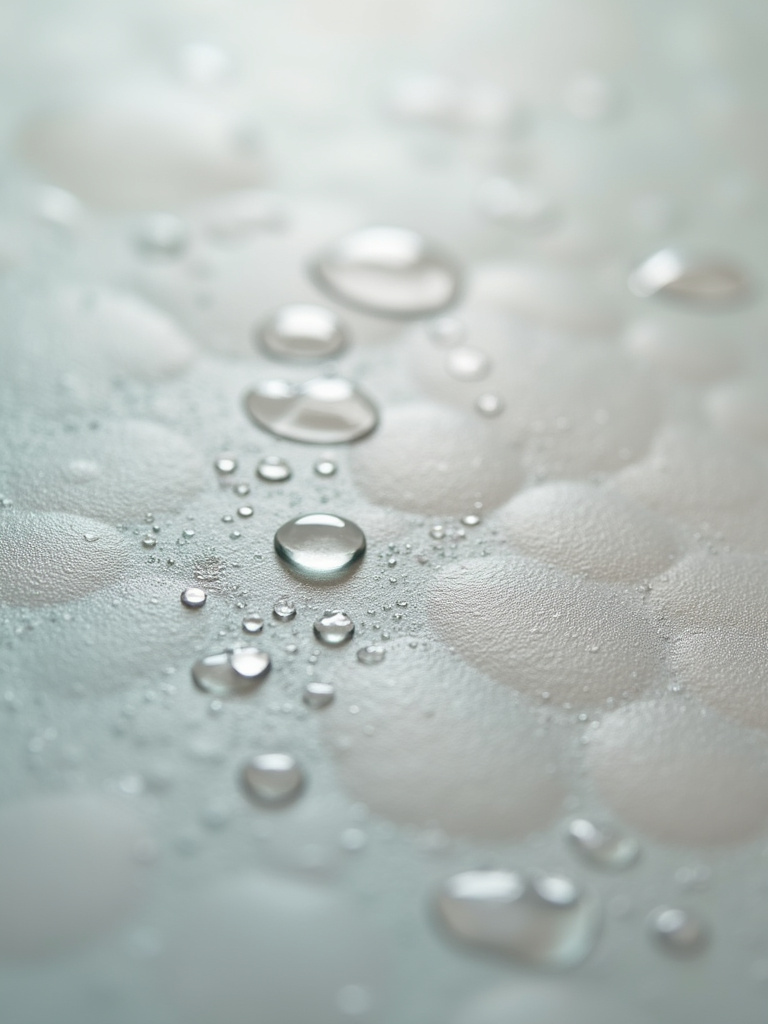 Close-up view of textured vinyl bathroom wallpaper demonstrating water resistance with water droplets beading on the surface.