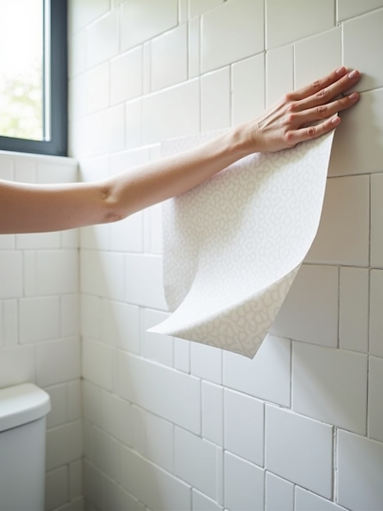Bright bathroom scene showcasing the easy application of peel-and-stick wallpaper by hand.