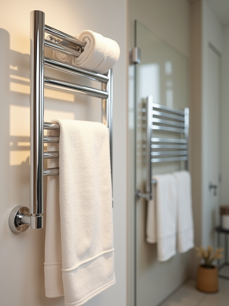Chrome electric heated towel warmer rack with white towels in a bathroom.