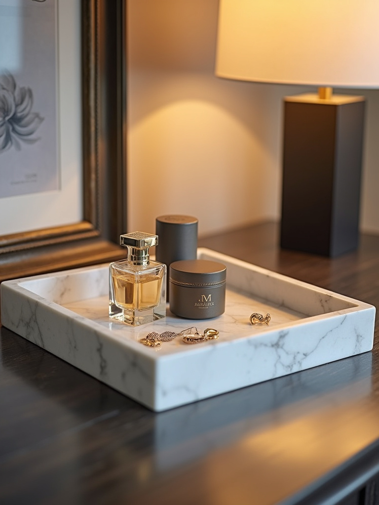 Marble dresser top tray organizing jewelry and perfumes on a dresser surface.