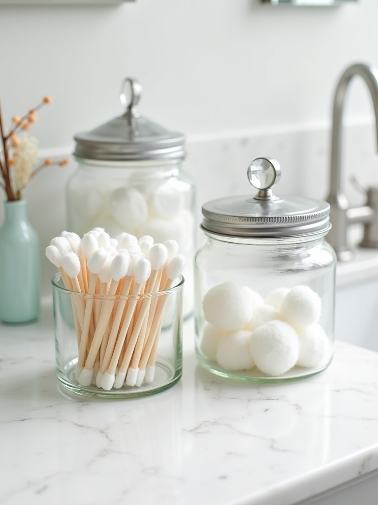 Set of clear glass canister jars with cotton swabs and balls on a marble countertop.