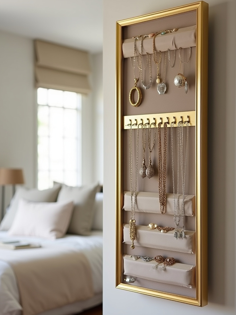 Gold wall-mounted jewelry organizer displaying necklaces and earrings in an elegant dressing area.