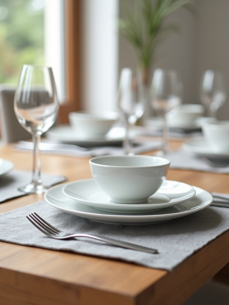 “Chic modern minimalist dining table setting with white dinnerware and linen placemats.”