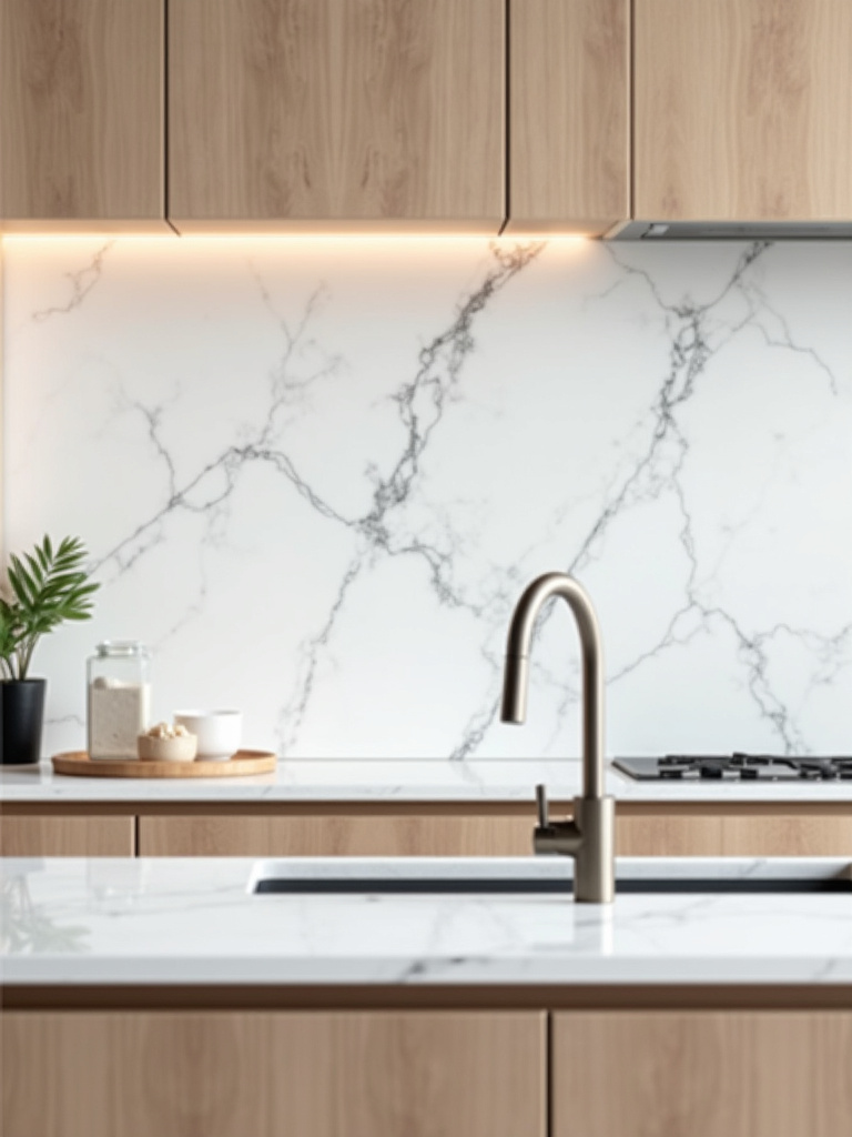 Modern minimalist kitchen showcasing a stunning white marble slab backsplash with grey veining, paired with light wood cabinets and stainless steel fixtures, illuminated by soft daylight and under-cabinet lighting.