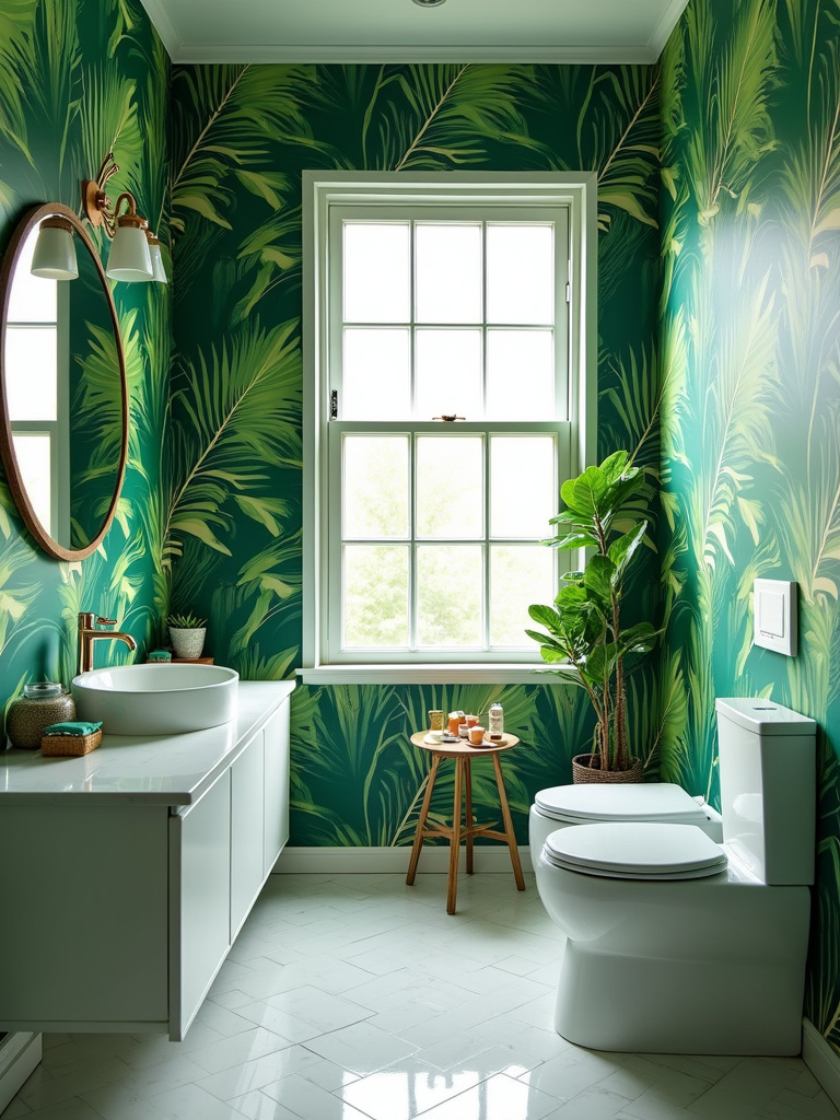 Energetic bathroom interior with vibrant emerald green tropical leaf wallpaper, creating a bold and dramatic space.