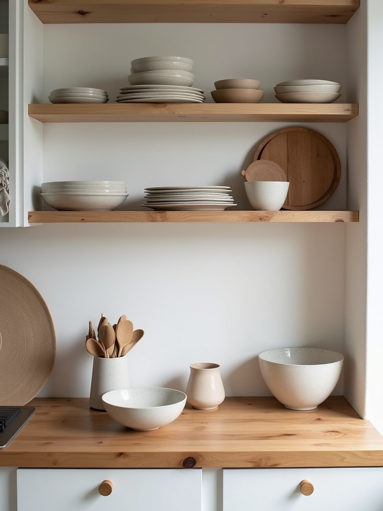 Scandinavian kitchen embracing imperfection, featuring a natural wood countertop with visible grain, handcrafted ceramic bowls, and linen dish towels, celebrating natural materials and organic forms.