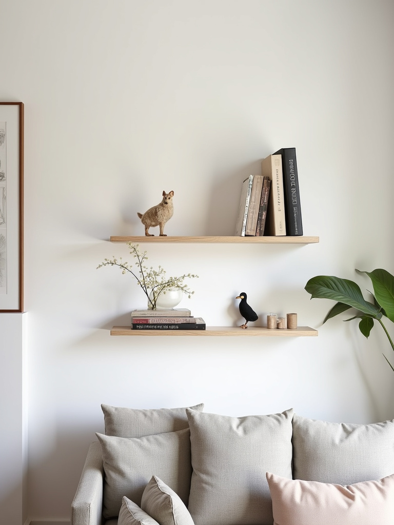 Simple living room featuring minimalist floating shelves displaying a curated collection of books and decorative items, emphasizing functional and uncluttered shelving for a clean aesthetic.