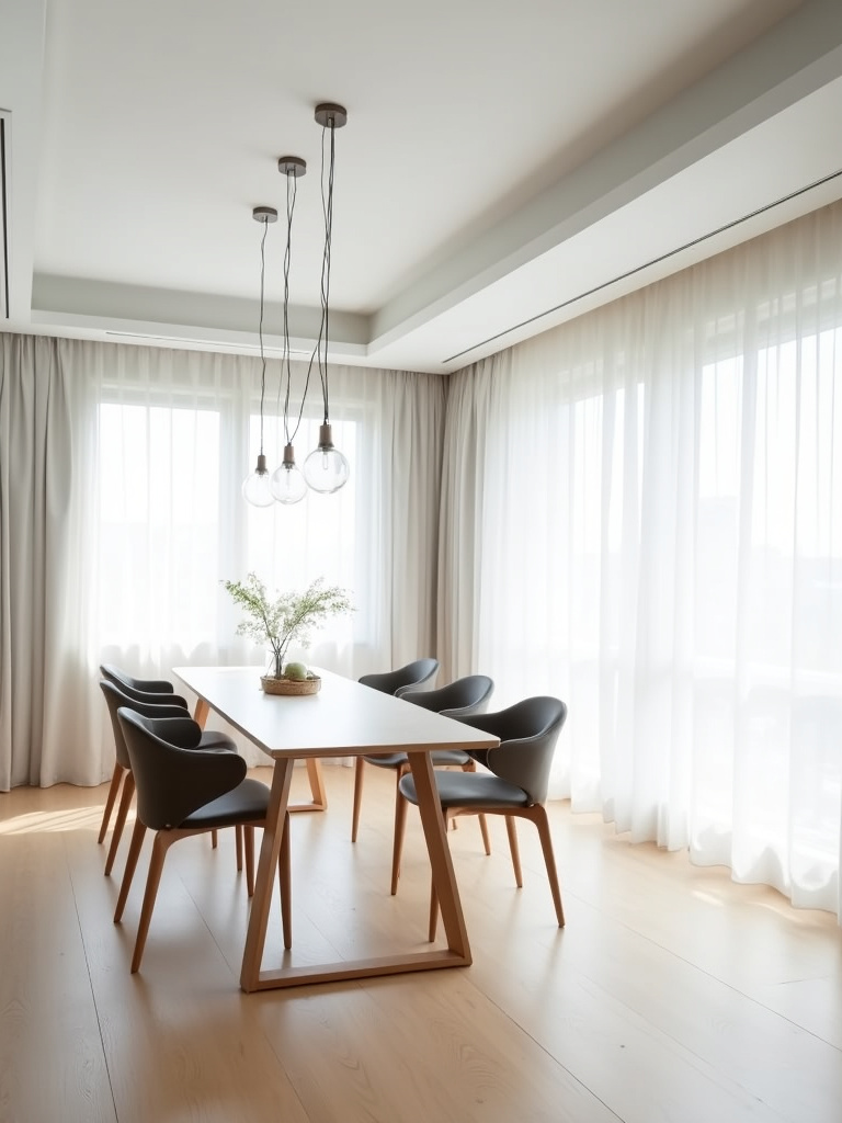 “Modern minimalist dining room with a light wood table, neutral chairs, and soft natural light.”