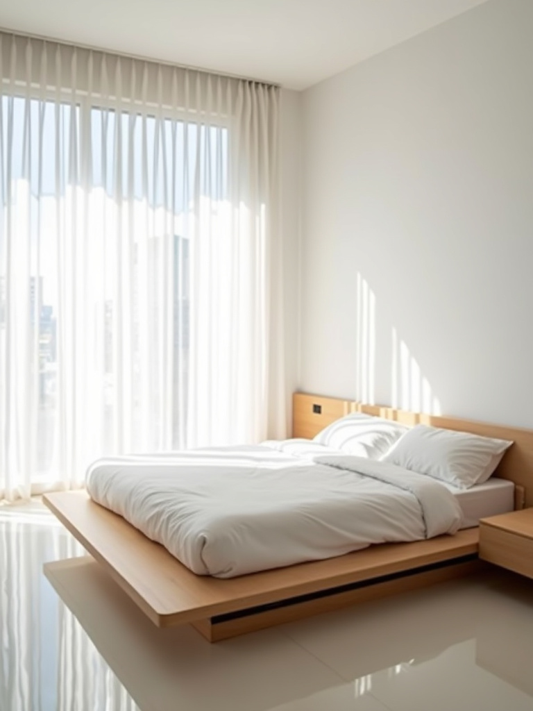 A minimalist bedroom featuring a light wood platform bed with white bedding, bathed in soft natural light.