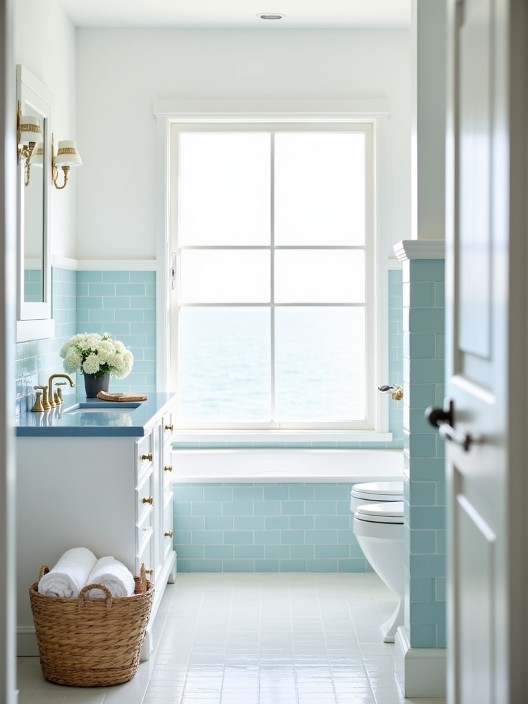 Bright and airy coastal bathroom with white vanity, blue ceramic countertop, light blue subway tile backsplash, white walls, and woven basket with white towels, bathed in soft natural daylight.