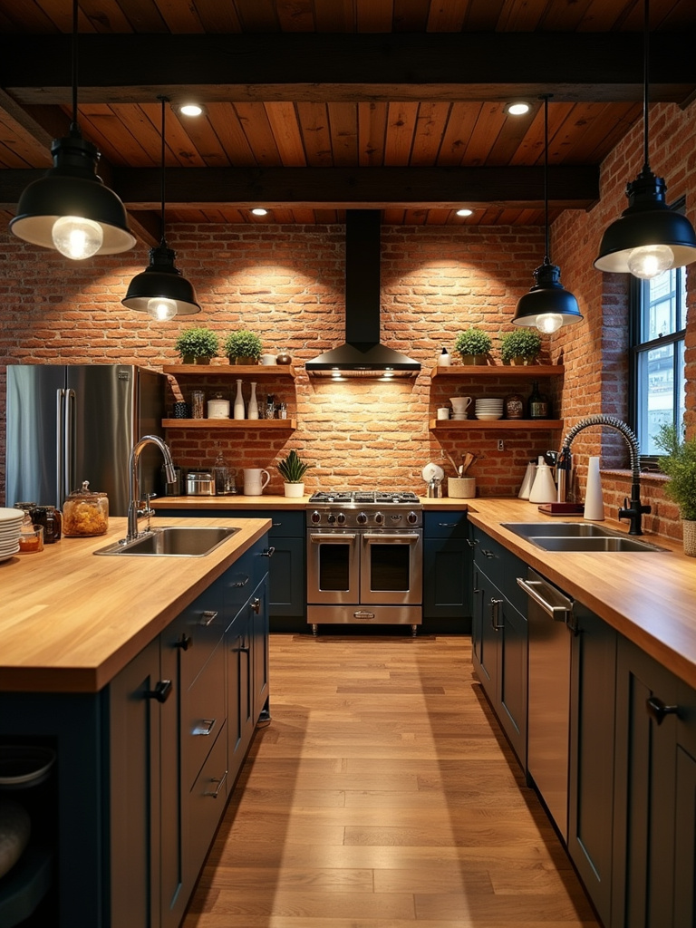 Industrial farmhouse kitchen showcasing an exposed brick wall adding texture and character, complemented by dark metal pendant lights, wooden countertops, open shelving, and stainless steel appliances, bathed in warm ambient lighting.