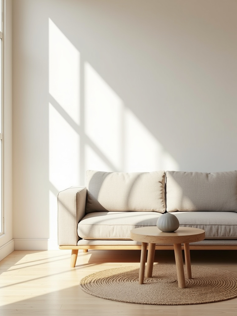 Minimalist living room with natural light, featuring a simple sofa, wooden coffee table, and woven rug, emphasizing clean lines and open space.