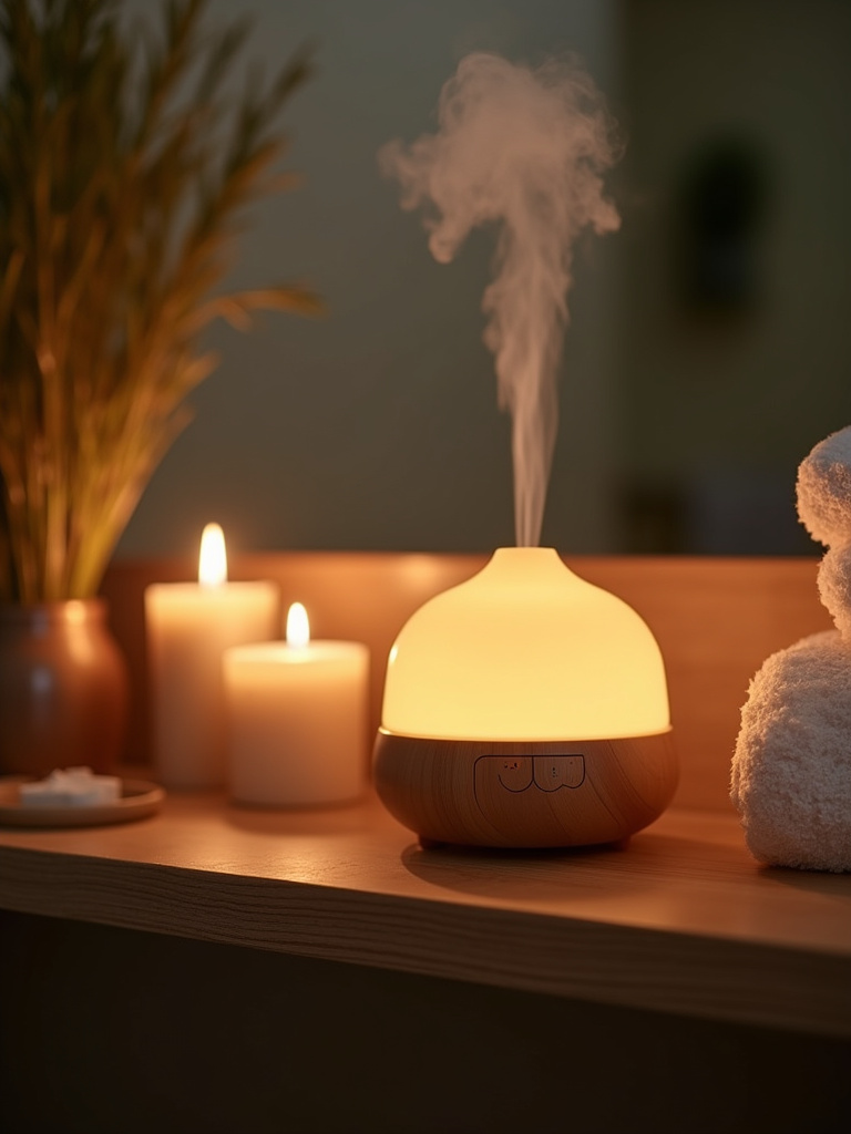 Ceramic essential oil diffuser emitting mist in a bathroom with candle and towel.