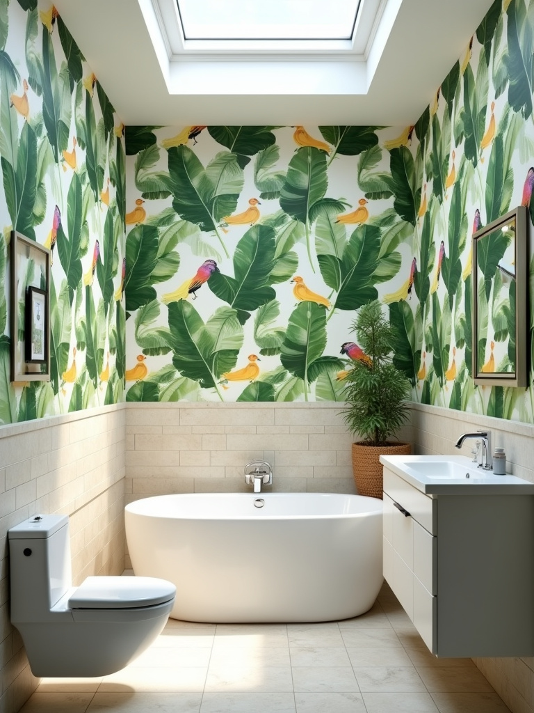 Energetic bathroom interior with vibrant tropical wallpaper featuring banana leaves and birds, creating a lively and cheerful atmosphere.
