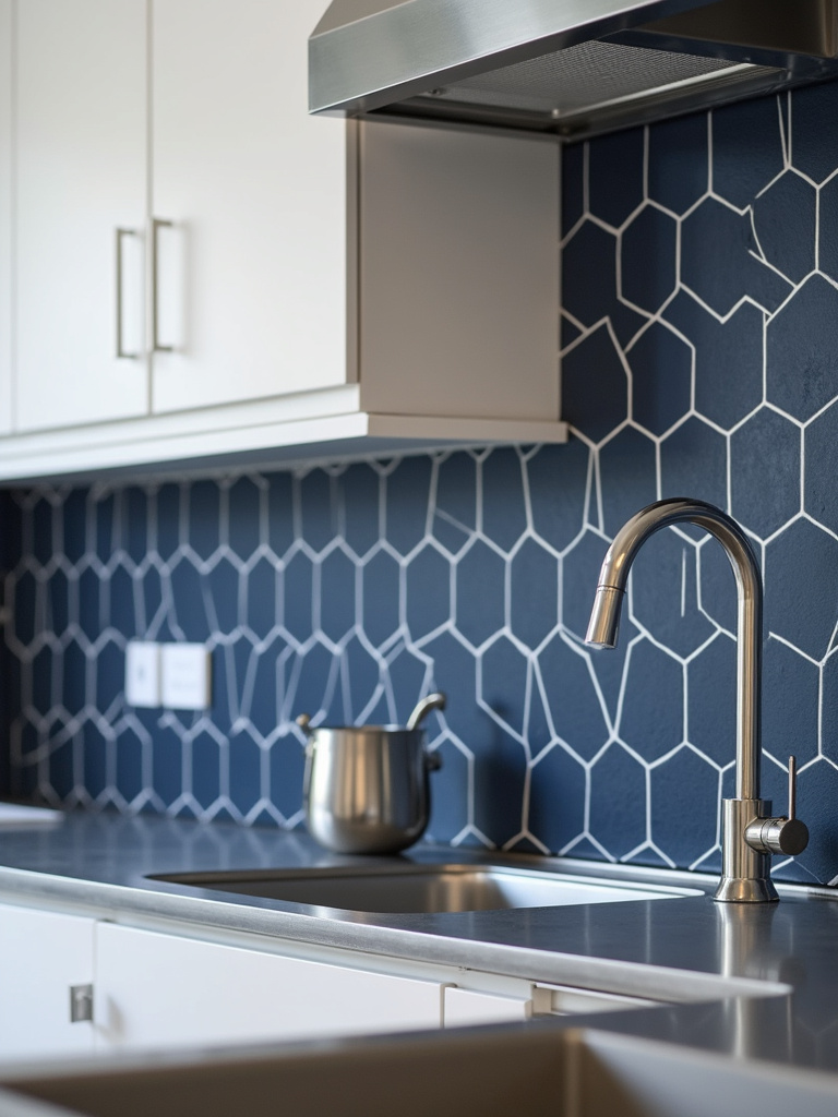Contemporary kitchen backsplash with a bold geometric hexagonal tile pattern in blue and white.