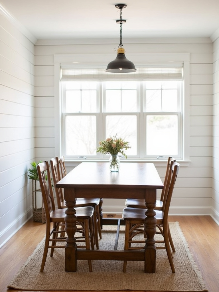 Farmhouse dining room with white shiplap-effect wallpaper, wooden table and chairs, and natural light.