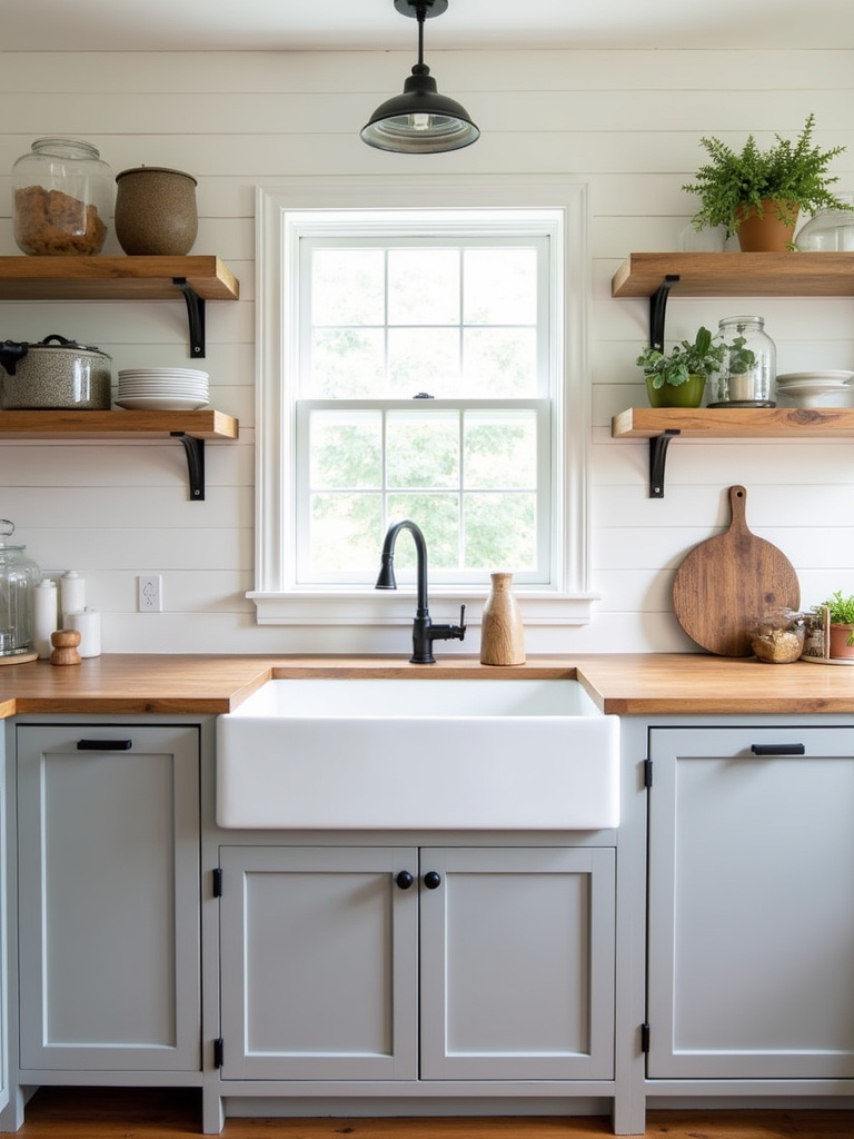 “Farmhouse style shiplap backsplash in a traditional kitchen.”