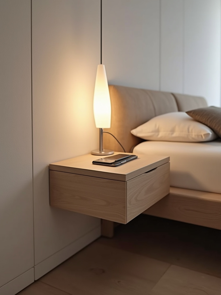 Light wood floating nightstand with drawer ajar in a minimalist bedroom setting.