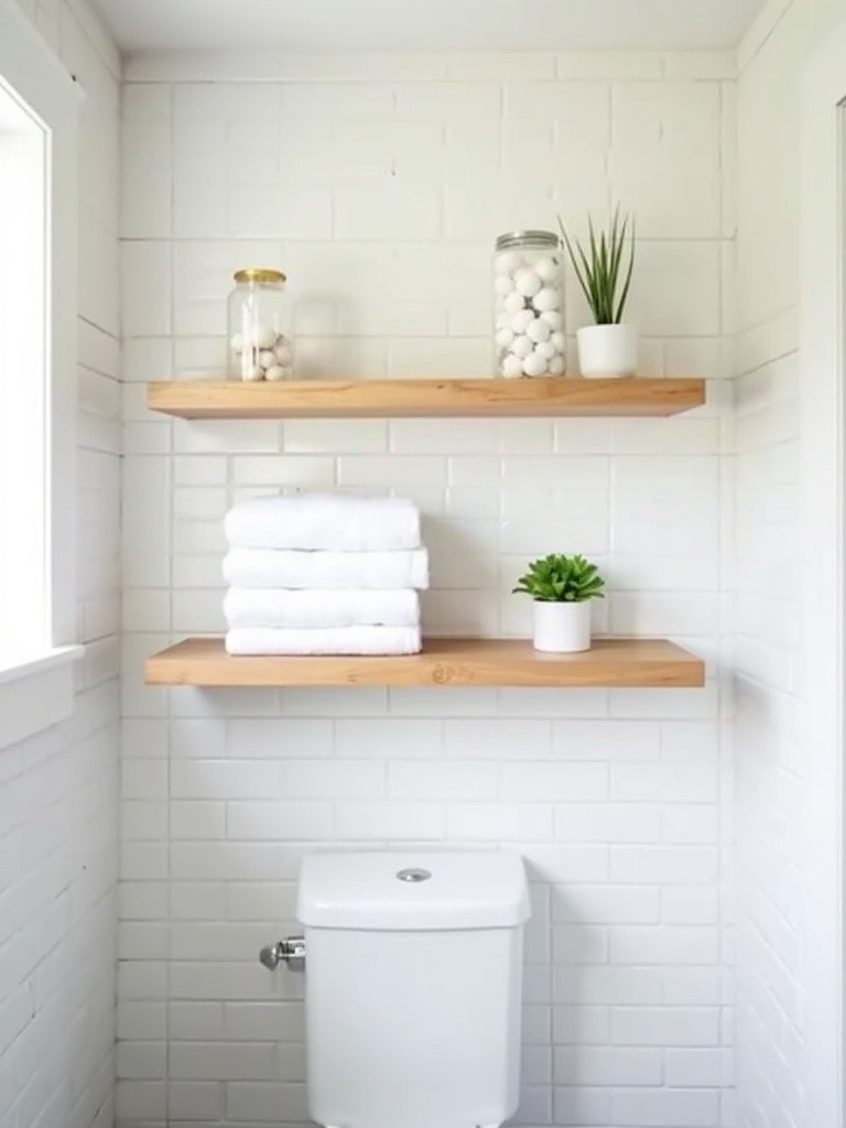 Floating wooden shelves in a bathroom with towels, jars, and a plant.