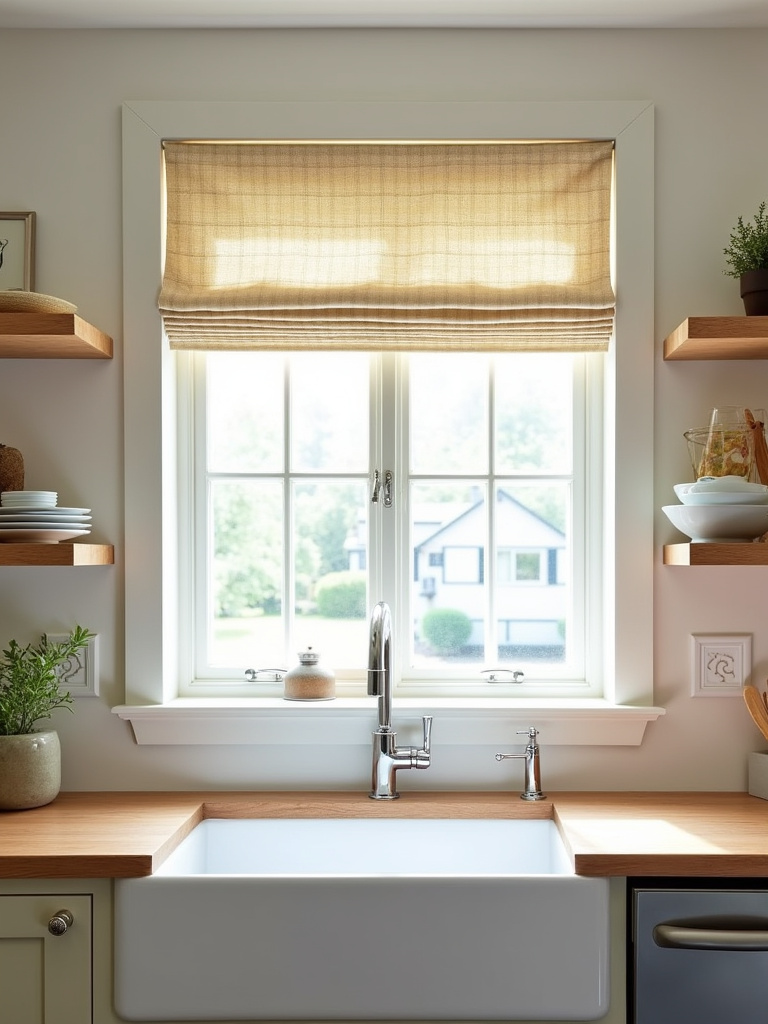 Farmhouse kitchen featuring a window framed by stylish patterned Roman shades, complemented by a white farmhouse sink, open shelving, and natural wood countertops, bathed in bright daylight.