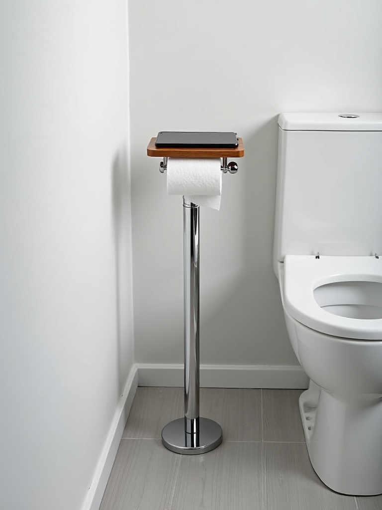 Chrome freestanding toilet paper holder with phone shelf next to a toilet.