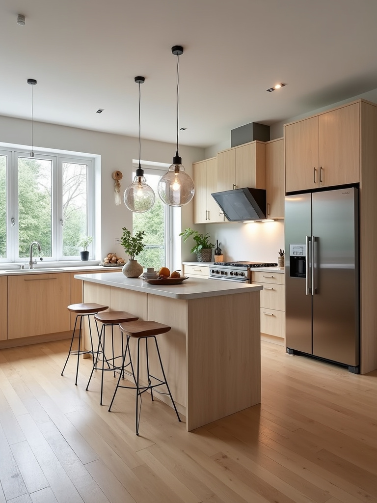 Functional Scandinavian kitchen with an open layout, featuring a kitchen island, light wood cabinetry, stainless steel appliances, and seamless flow into the living room, emphasizing practicality and efficiency.