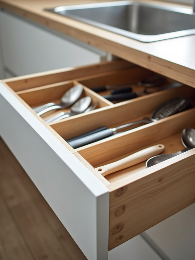 Organized kitchen drawers in a Scandinavian kitchen, showcasing drawer organizers with neatly arranged utensils and cooking tools, emphasizing functional and maximized storage solutions.