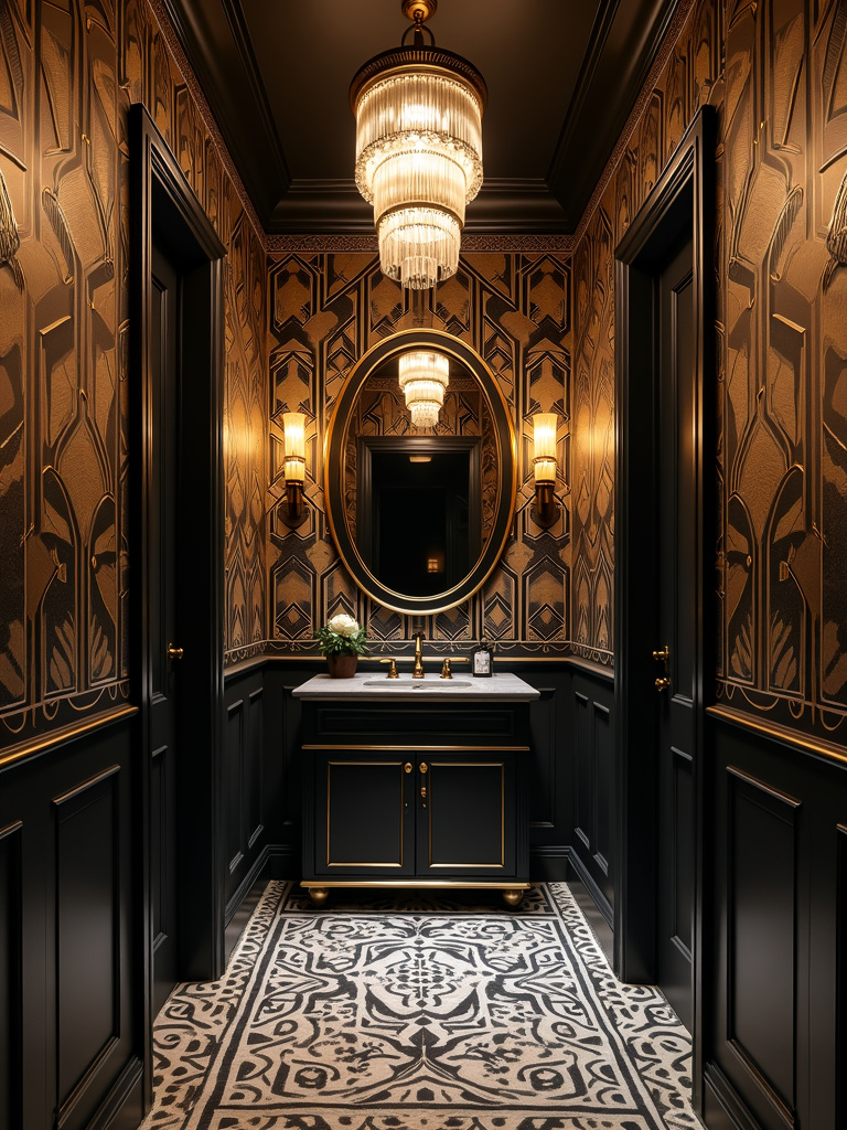 Glamorous bathroom interior with black and gold Art Deco geometric wallpaper, exuding opulence and vintage charm.