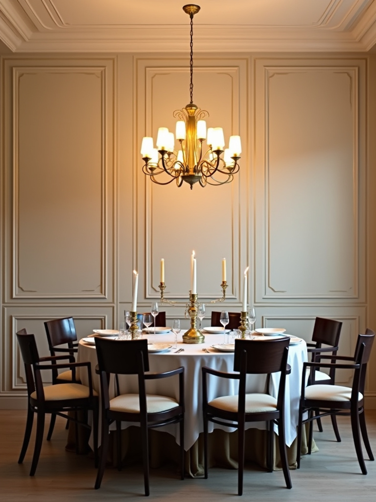 Elegant dining room with cream wallpaper and gold geometric accents, dark wood furniture, and chandelier lighting.
